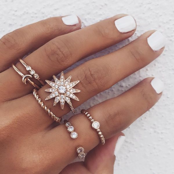 

wedding retro design crystal star moon ring set women's ring bohemian jewelry summer gifts, Slivery;golden