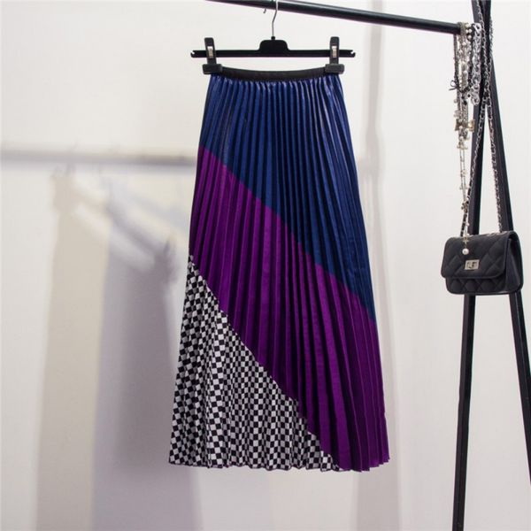 

2019 spring summer new contrast color mosaic plaid stripe big swing pleated long maxi skirt women faldas mujer moda jupe femme, Black