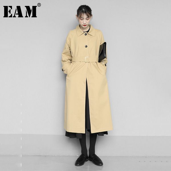 

eam] women khaki brief button split long thin trench new lapel long sleeve loose fit windbreaker fashion tide spring 2020 1n552, Tan;black