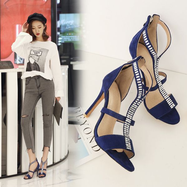 

fashion leisure women thin heels sandals ankle strap super high cover heel women shoes solid crystal summer zipsandals, Black