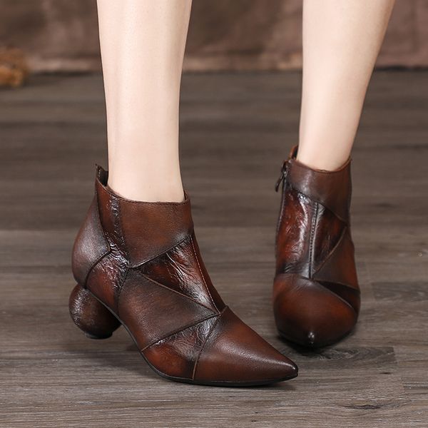 

pointed toes women ankle boots shoes 2019 vallu natural leather lady boots handmade vintage round heels female booties, Black