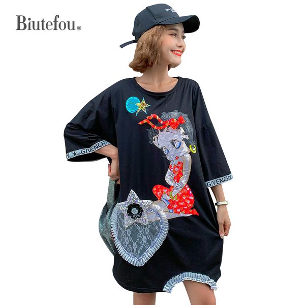 

2019 summer fashion beading patch designs dresses cartoon print women loose dresses, Black;gray