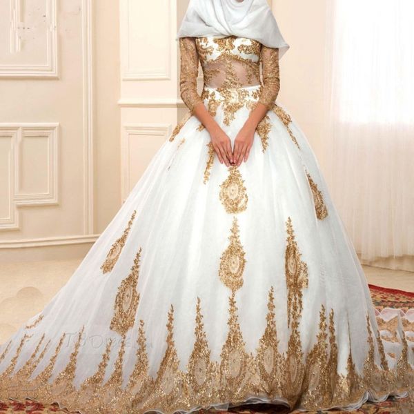 

Fashion Gold Appliques Puffy Muslim Wedding Dress Bridal Ball Gowns Custom Made Long Sleeves Bridal Formal Gowns