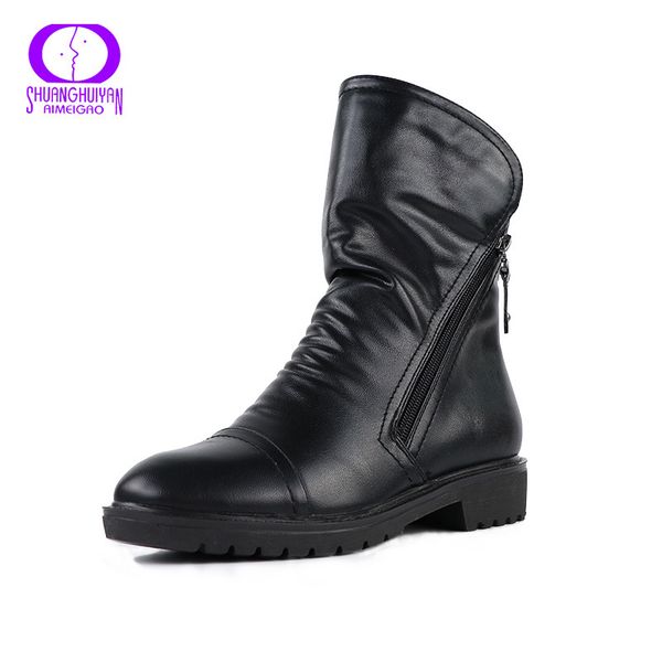 

soft women square heel winter autumn pu leather ladies zip ankle boots zapatos mujer mx200324, Black