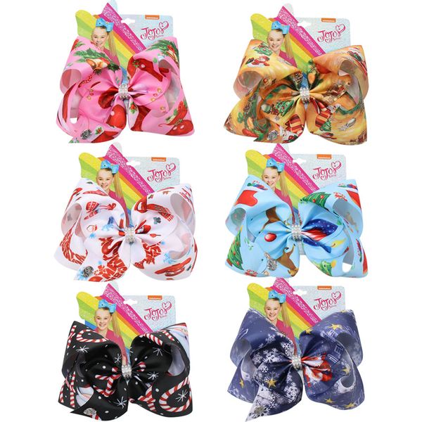 

7'' jojo siwa bows christmas printed large hair bows for girls rhinestone knotted ribbon hairgrips party kids headwear, Slivery;white