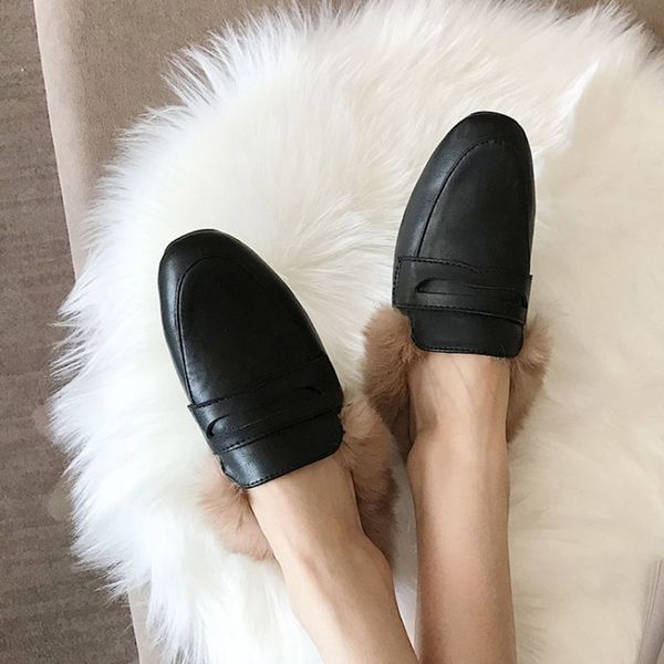 

real hair flats women mules slides casual slip-on warm fur slippers solid close toe outside flip flops european slippers, Black