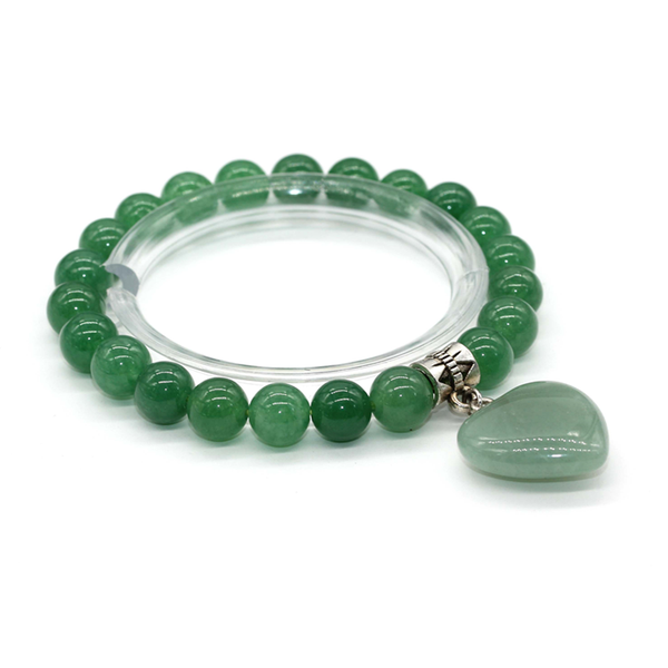 

trendy-beads silver plated cute heart connect 8 mm round beads elastic bracelet natural green aventurine jewelry, Black