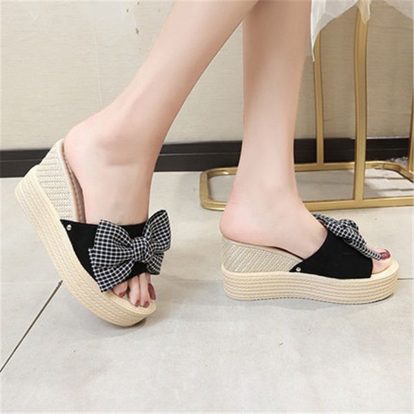

2019 summer new muffin thick bottom word flip fish mouth wedge with sandals and slippers waterproof platform super high heel, Black