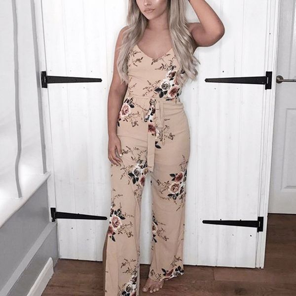 

2019 women's polyester casual fashion sleeveless straight-leg floral printed strappy jumpsuit, Black;white