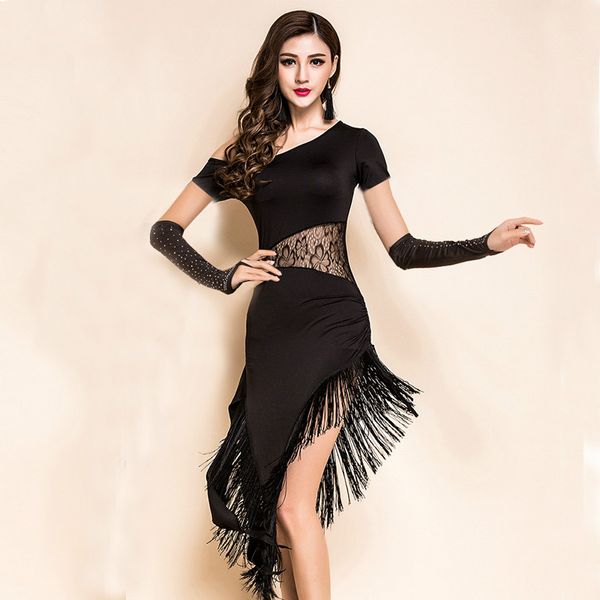 

brand selling new women dance clothes salsa samba wear long sleeves spandex 2 pieces fringes latin dresses and short skirt, Black;red