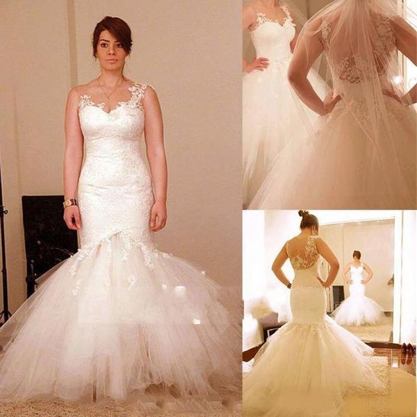 

latest elegant sweetheart neck tulle mermaid wedding dresses hollow back appliques bridal wedding gowns vestido de casamento, White
