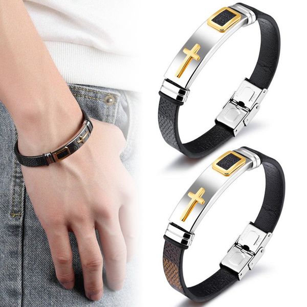 

cross shape pu leather titanium steel mens leather bracelet@88, Black