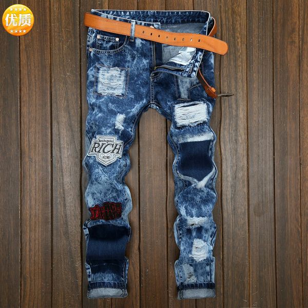 

destroyed jeans explosion badge male straight foreign mens jeans holes patch slim snowflake men trousers mens skinny, Blue
