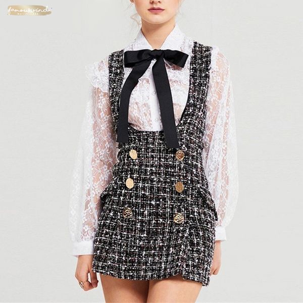 

2019 set autumn winter 2 piece dress women ruffles bow shirt lace sleeveless tweed vest dress double breasted overalls, Black;gray