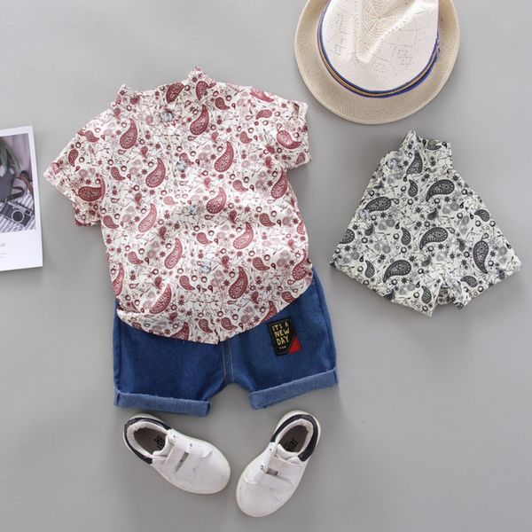 

3m-4y summer children baby boys short sleeve floral pattern t-shirt blouse+shorts casual outfits set 2colors 2020 new, White