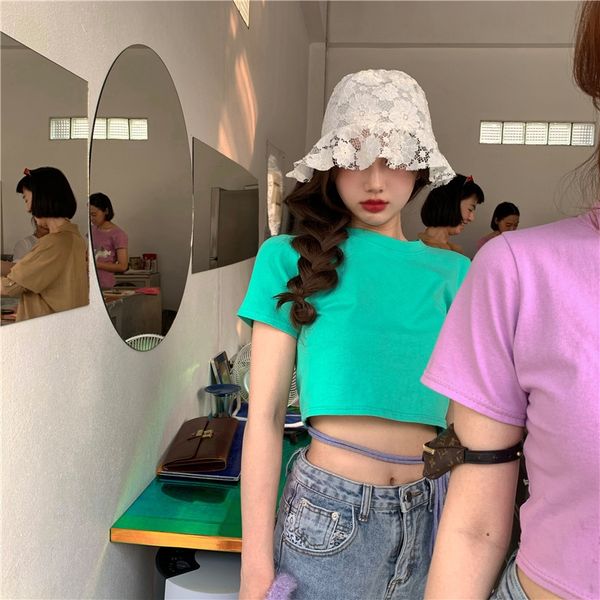 

navel short type t-shirt t-shirt female 2020ins all-match solid color slim duan xiu base coat female fashion, White