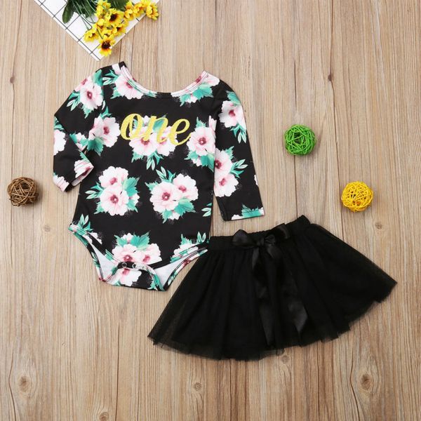 

2pcs baby girl одежда с длинным рукавом письмо печати цветочные ромпер + тюль туту платье новорожденные одежда outfit set младенческая одежд, Pink;blue