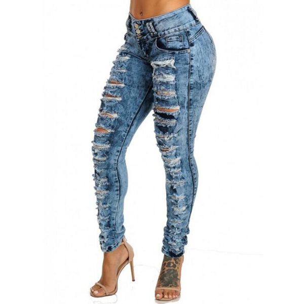 

zxryxgs women`s hole side distressed high waist jeans woman washed vintage denim pants trousers jeans for women pencil pants, Blue