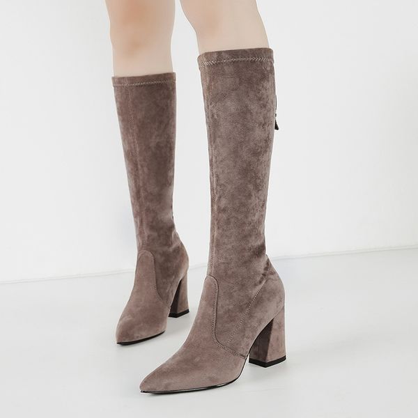 Hot Heels Sale-Outono Inverno altos Mulheres Sock Botas Meia-perna Sexy Pointed Toe saltos grossos Senhoras sapatos Mantenha Botas Algodão Plush Quente