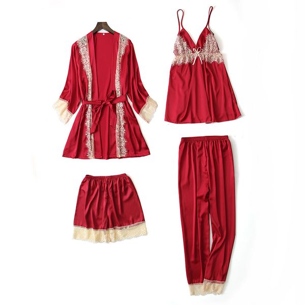 

four-piece female summer pajamas ice silk thin strap shorts suit home service plus chest pad sleepwear, Blue;gray