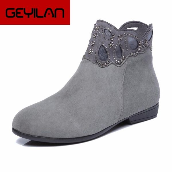 

flat boot women genuine leather ankle boots warm winter cow suede low heels booties fashion spring ladies shoe big size, Black