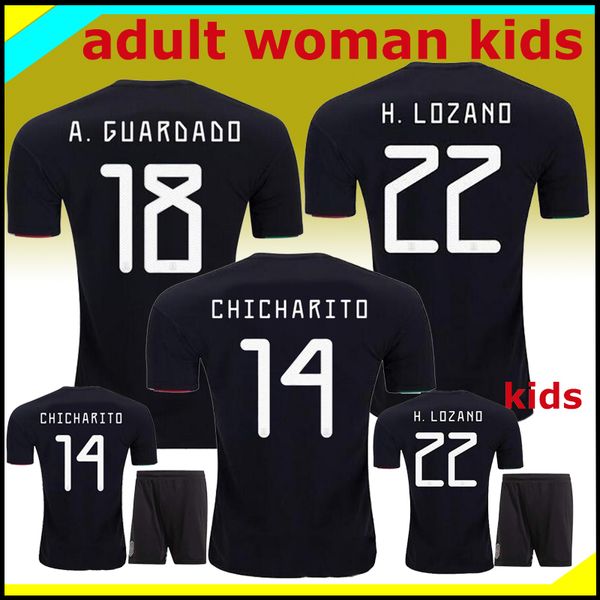 

gold cup 2019 camisetas mexico 19 20 woman kids soccer jersey chicharito a.guardado h.lozano marquez short camisetas football shirt, Black