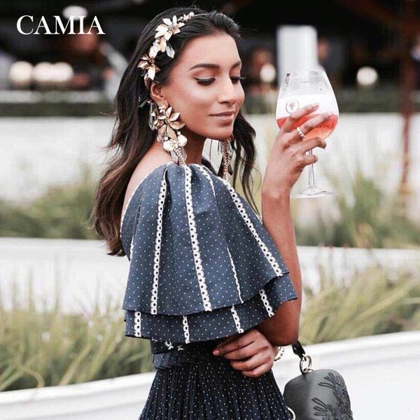 

camia summer print polka dot wrap double sleeve pleated half sleeve chiffon shirt, White