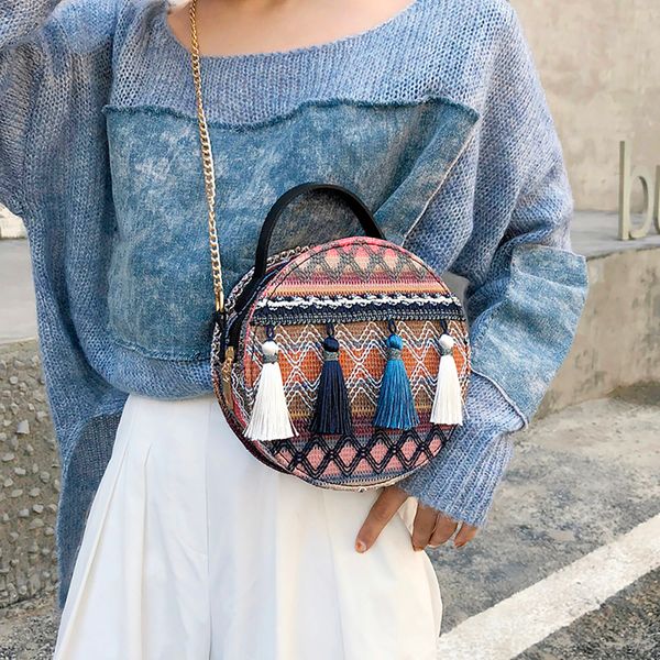 

25#pu leather women bags ins super fire national wind portable chain small round bag tassel packet women shoulder bag