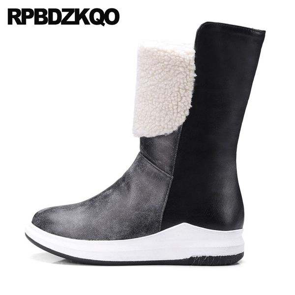 

women boots winter 2019 long big size flat brown waterproof shoes round toe mid calf fur tall slip on ladies black plus 10 new