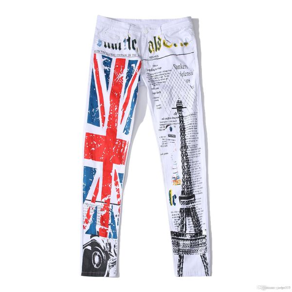 

европа и соединенные штаты мужские джинсы белый британский париж башня печати повседневные брюки большой размер высокие эластичные брюки, Blue
