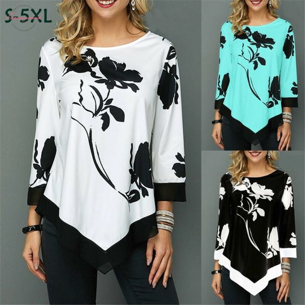 

2020 autumn three quarter women irregular plus size floral print 3 4 sleeve tees long sleeve ladies casual loose t, White