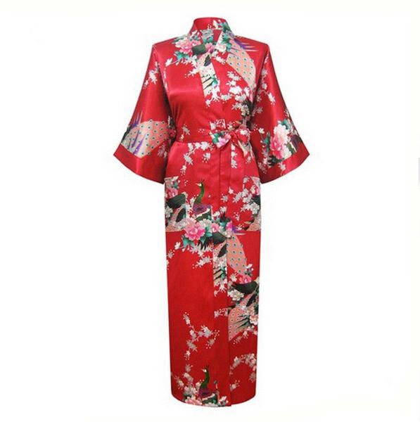 

red chinese women silk rayon robes long nightgowns yukata kimono bath gown sleepwear pijama feminino plus size xxxl nr060, Black;red