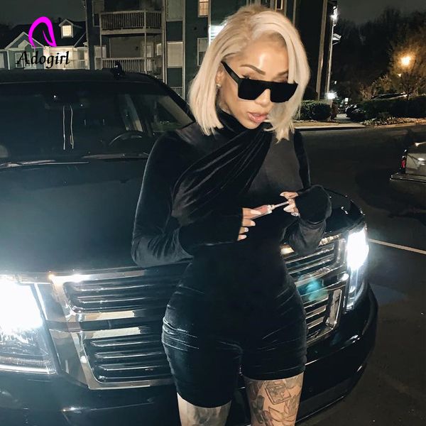 

2019 autumn winter women fashion wrapped long sleeve velour playsuits with gloves back zipper skinny bodycon femme rompers, Black;white