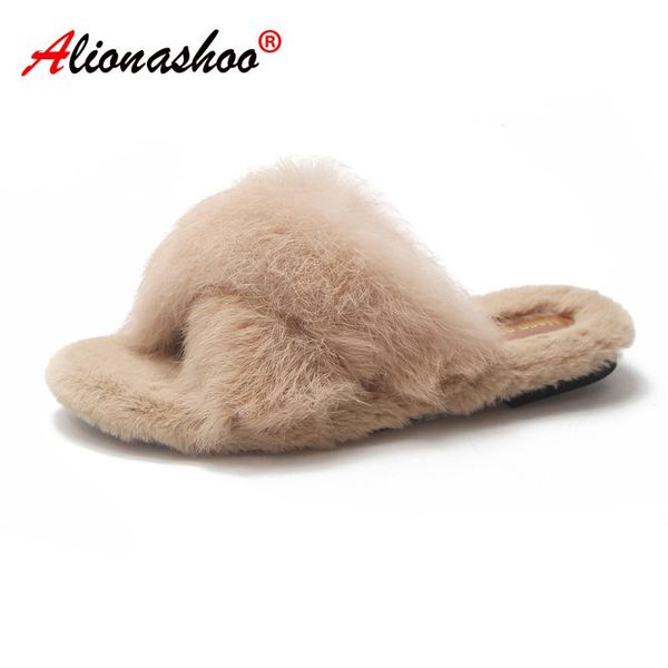

womens warm home fur slippers winter shoes big size open toe slippers plush women indoor warm fluffy terlik flat cotton shoes, Black