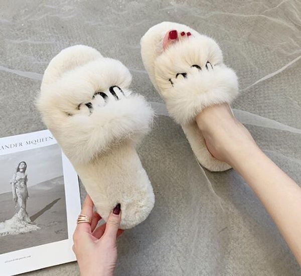 

new women slides winter luxury designer indoor fur womens warm slippers house flip flops with spike sandal 35-40, Black