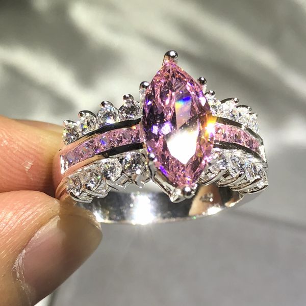 Venda imperdível anel de casamento de diamante rosa de luxo com corte marquise de 3 quilates para mulheres com logotipo real 925 anéis de prata 925 dedo