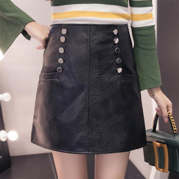

autumn packager hip women high waist pu leather solid buttons a-line skirt, Black