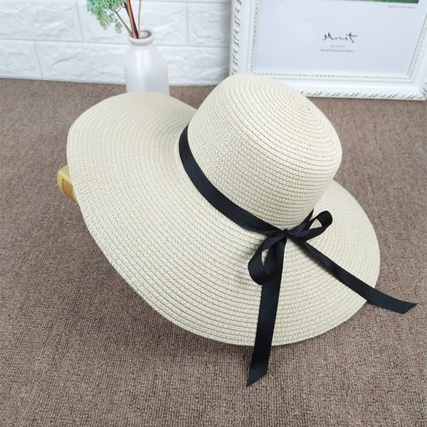 

new summer golf caps travel lady uv sun hats wild riding straw cap women big bow ribbon hat straw sale, Black;white