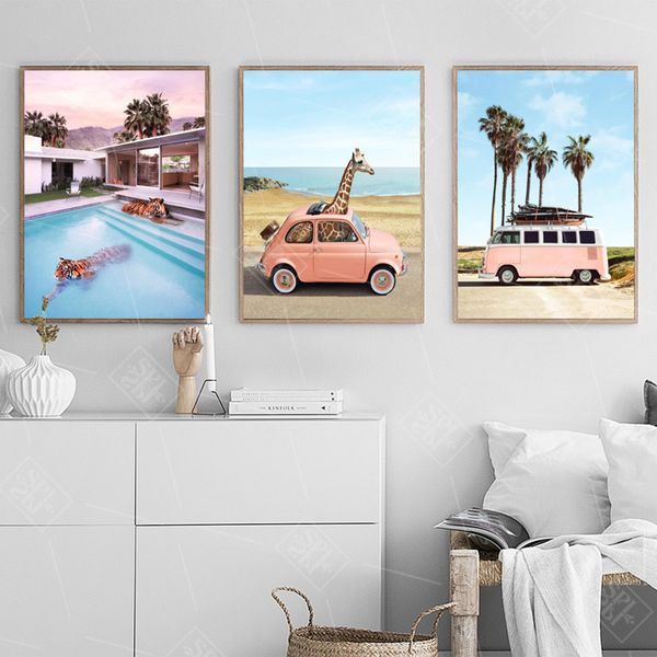 

pink car landscape art canvas painting travel bus nordic posters and prints modular wall pictures for living room home decor