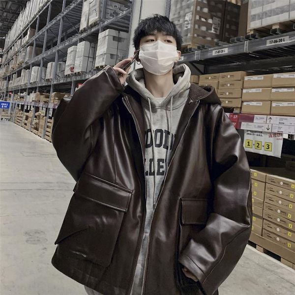

2019 winter men's waterproof casual parkas thicken lamb snow jackets keep warm hat lint cotton-padded clothes loose tide coats, Black