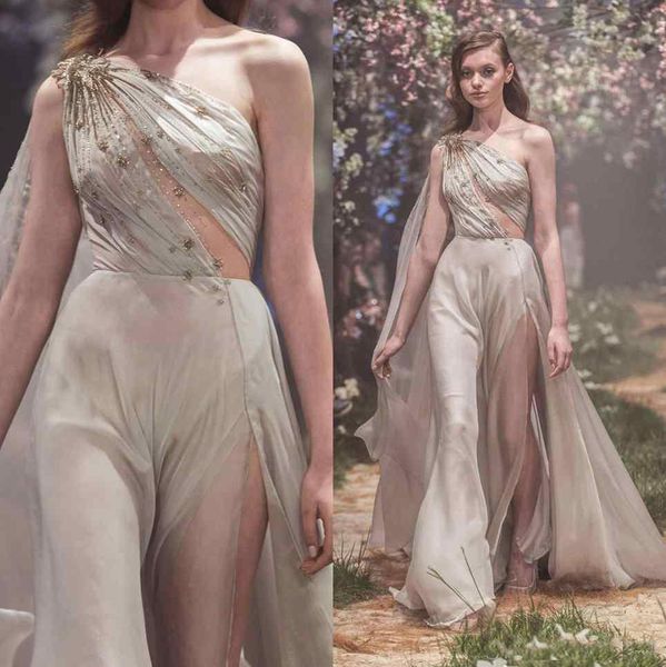 Con cuentas 2019 Paolo Sebastian Vestidos de fiesta Un hombro Lado Vestidos de noche divididos Vestidos De Fiesta Tren de barrido Gasa Vestido formal con lentejuelas