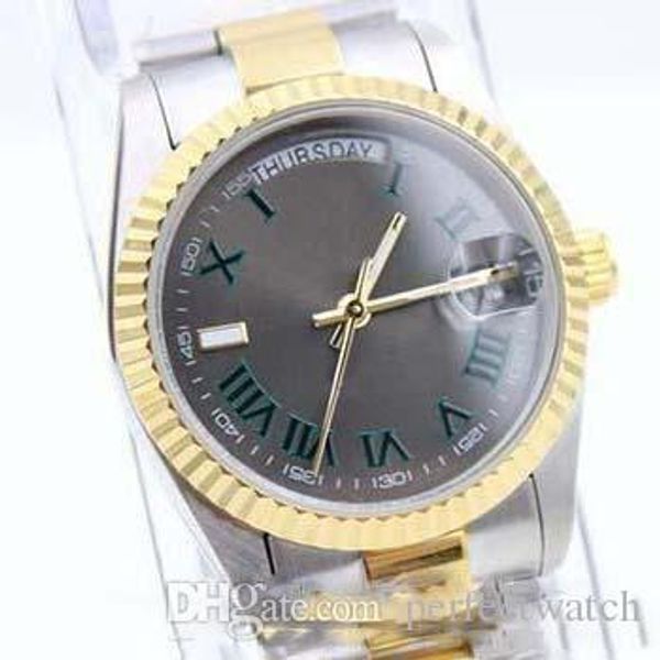 

2018 top продажа 2-тон зеленый роман количество mensstainless стали часы автоматические механические часы из нержавеющей стали дата мужчины, Slivery;brown