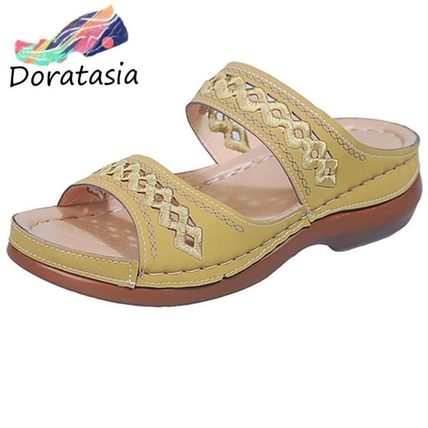 

doratasia retro women open toe hollow out chunky shoes outdoor leisure slippers women slip on solid sandals, Black