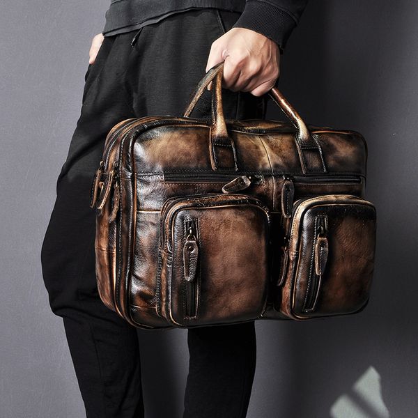 

original leather man design multifunction purpose maletas maletin business briefcase 15" lapbag tote portfolio bag k1013-dc