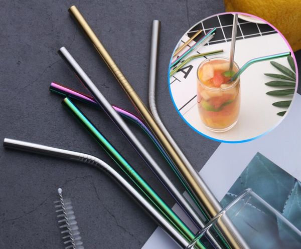 

6*215mm 304 stainless steel straw bent and straight reusable colorful straw drinking straws metal straw cleaner brush bar drinking tool dhll