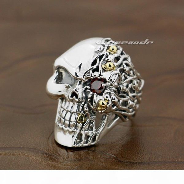 

925 sterling silver red cz stone eye skull mens biker ring 8v006 us size 8 to 14 ing, Golden;silver