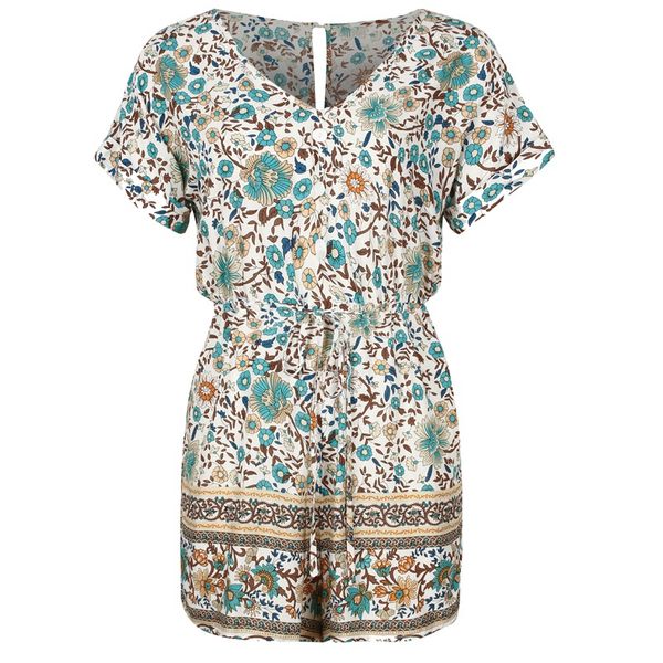 

floral printed women's casual summer playsuits mini short sleeve v-neck beach rompers sashes outfits, Black;white