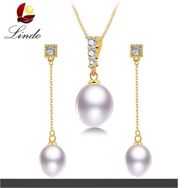 

fashion 925 sterling silver jewelry sets no defect natural freshwater pearl necklace+long earrings gold color wedding sets lindo, Black
