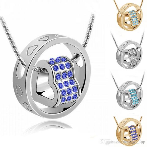 

luxury crystal heart necklaces austria rhinestone heart and ring pendant gold&silver chain necklace for women&ladies fashion jewelry gift