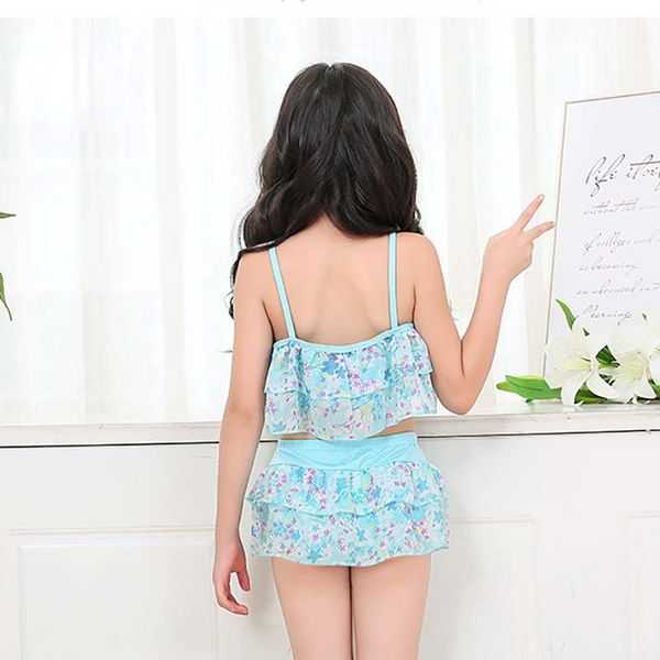 

kids girl swimwear summer little girl swimsuit straps floral print skirt shorts kid children swimsuits set, White